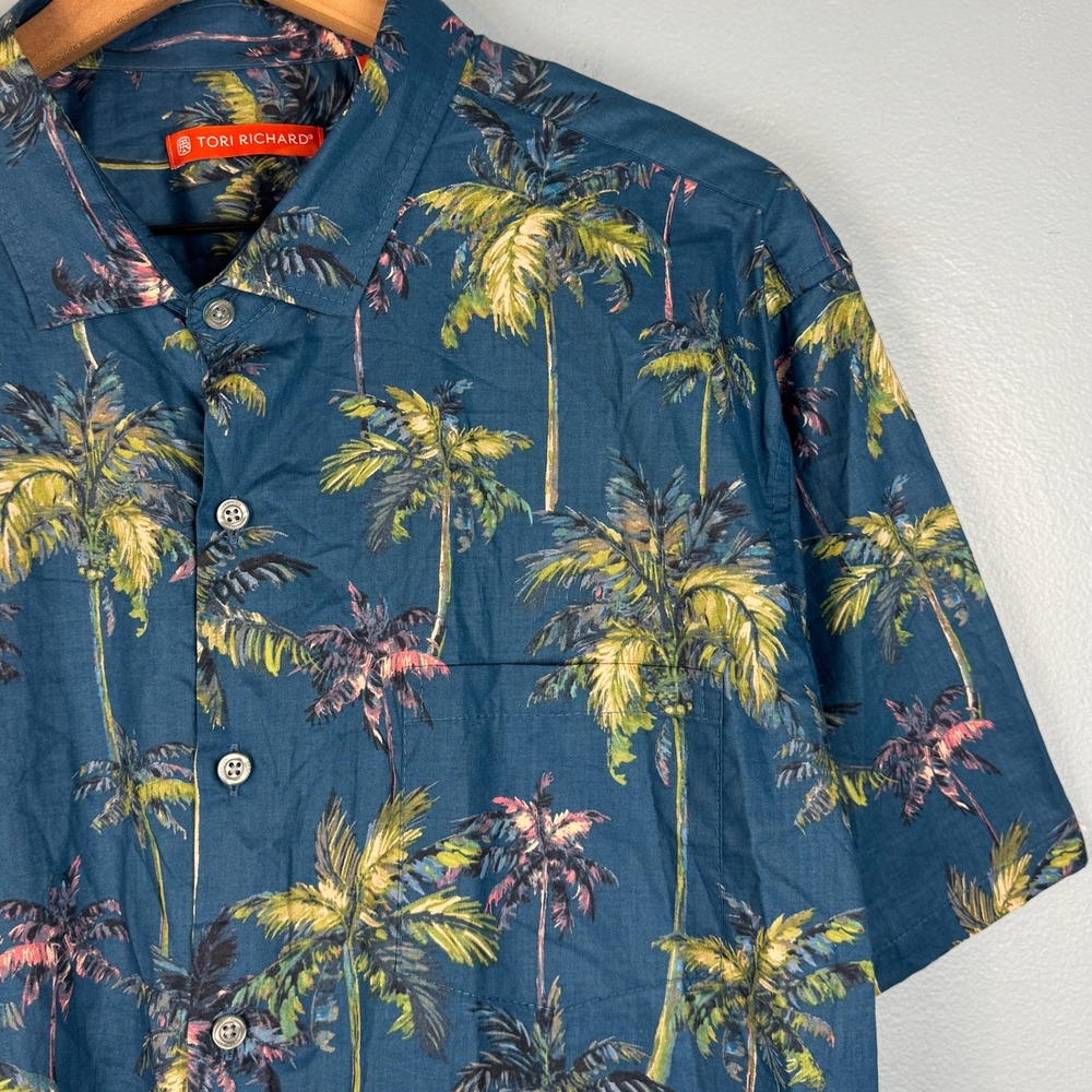 Tori Richard Mens XL Blue Palm Tree Short Sleeve Tropical Aloha Button Up Shirt
